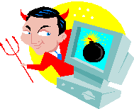 A grinning man dressed as a devil looking at a computer monitor than has a bomb on it with its fuse lit.