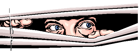 Worried looking man peering through a gap in venetian blinds.