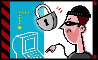 A man wearing a mask trying to access a computer but the computer has a padlock applied.