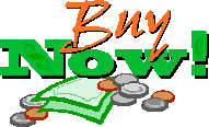 A colourful 'Buy Now!' advert above a pile of money notes and coins.