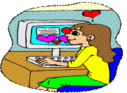 A picture of a girl looking at a computer monitor with love hearts on it.