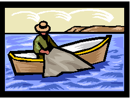 A figure sitting in a boat on the sea holding on to a large net.