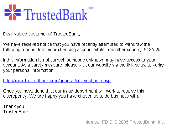 A genuine looking e-mail from a bank that is used to lure users into parting with confidential information.