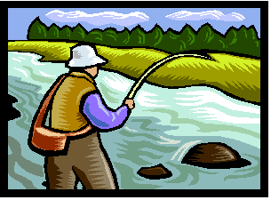 A man standing next to a river with a fishing rod.