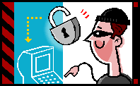 A grinning masked man typing at a keyboard with a padlock unlocked.