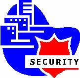 A picture of a city with a badge with the word security in front.