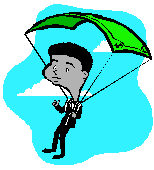 A man using a dollar as a parachute.