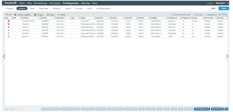 Screenshot of Flash version of the Invigilate page within Surpass