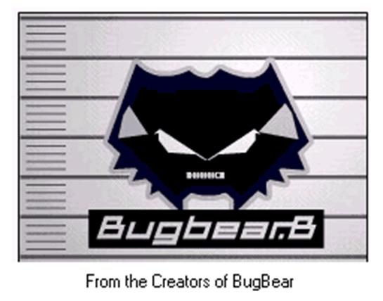 The W32/Babybear-A Virus-A displays a catlike image with the word Bugbear beneath it.