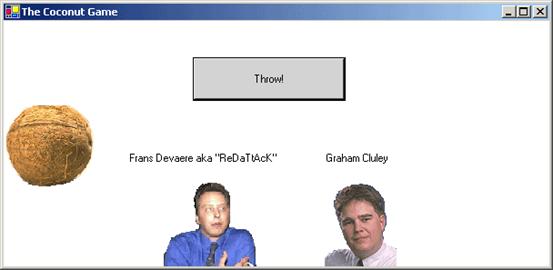 The W32/Coconut-A virus displays a coconut, two pictures of the players and a throw button.