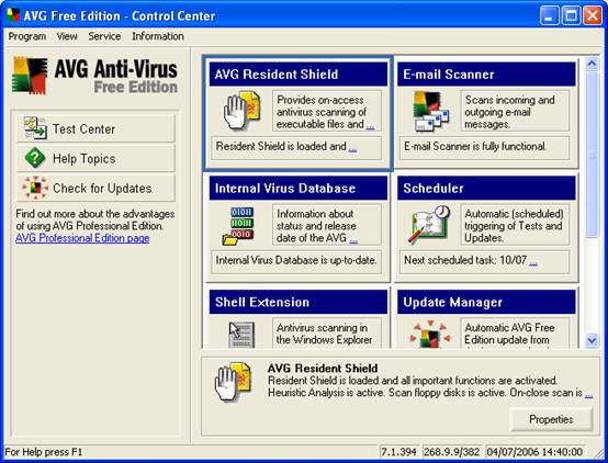 The multi-function control centre of the AVG Anti-Virus software.