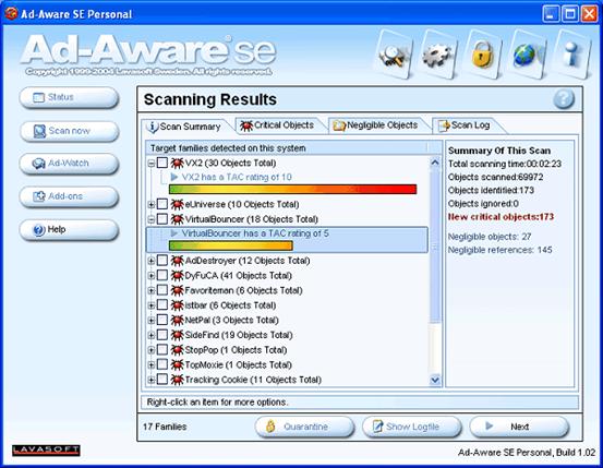 The multi-function AdAware software performing a system scan and showing that the number of Spyware found.