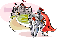 A knight standing in a defensive posture in front of a castle.